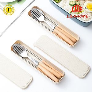 Bộ Đũa Muỗng Nĩa Inox Cán Gỗ Kèm Hộp Đựng Bằng Lúa Mạch Sang Trọng Thanh Lịch - Chính Hãng