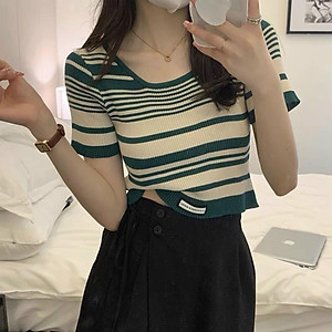 Áo len nữ dáng croptop tăm cổ U kẻ ngang phối viền chất len dày mịn hàng Quảng Châu cao cấp