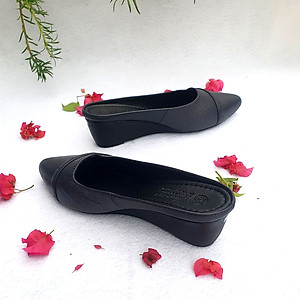 Giày Sục nữ da bò đế xuồng 5cm mũi nhọn màu xanh đen Trường Hải S129 CÓ SIZE LỚN
