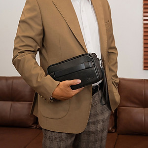 Clutch Đeo Chéo Ví Nam Cầm Tay GENCE RB08 Da Bò Khóa Vân Tay Cao Cấp Màu Đen