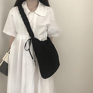 Túi xoắn dây.  đeo chéo,tote đi học hàng Ulzzang, 2 màu Đen Trắng vải Kaki mềm, dây rút điều chỉnh 