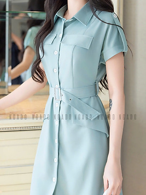 Đầm sơ mi xanh mint NGADO , đầm công sở , đầm dự tiệc