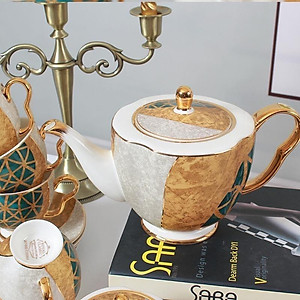 BỘ ẤM CHÉN KÈM KHAY PHA TRÀ SỨ XƯƠNG CAO CẤP KÈM 6 ĐĨA LÓT TÁCH, 6 THÌA VÀ 2 TỐNG ĐƯỜNG SỮA HỌ TIẾT RẠN VÀNG