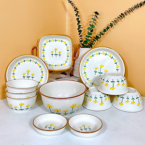 Bộ Bát Đĩa Thương Hiệu GOSU họa tiết Hoa Tulip Vàng nước men sáng đẹp