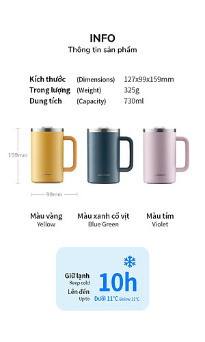 Ly giữ nhiệt LocknLock Flat Table Mug LHC4320 730ML, Hàng chính hãng, có tay cầm, miêng rộng - JoyMall