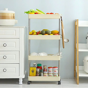 Kệ đựng đồ 4 tầng có bánh xe, giá để đồ 4 ngăn có bánh xe xoay 360 độ, xe để đồ 4 tầng