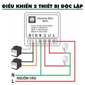 Công tắc Wifi Hunonic Mini 2 kênh 500W/kênh - LẮP SAU CÔNG TẮC ÂM TƯỜNG - Điều khiển từ xa bằng điện thoại