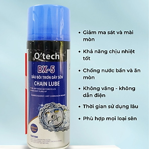 Chai xịt dưỡng sên, bôi trơn xích xe máy chống văng, chống rỉ sét BX5 (450 ml) Chain Lube - Hàng Chính Hãng O'Tech