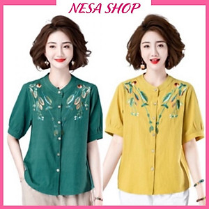 Áo sơ mi nữ trung niên thêu hoa cao cấp tặng mẹ, chất liệu mềm mát form rộng bigsize, áo kiểu NeSa Shop, SMH.60