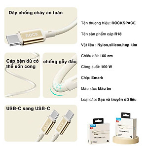 Dây cáp sạc nhanh 100W ROCKSPACE R18 chuẩn typeC to typeC - Hàng chính hãng bảo hành 12 tháng