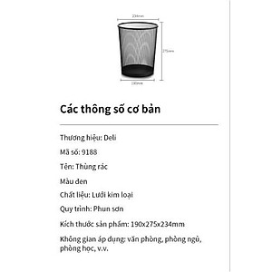 Thùng rác văn phòng lưới Deli - Sọt đựng rác - Màu đen - 28cm - 9188/E9190