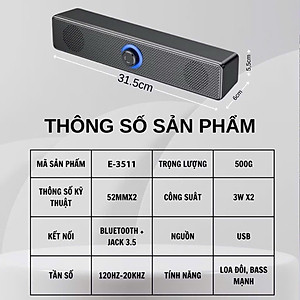 Loa Buletooth Bass siêu mạnh kết nối PC Laptop điện thoại tivi, loa vi tính để bàn E-3511 công suất 6W Usb/ jack 3.5mm - Hàng chính hãng