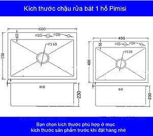 Chậu rửa bát inox 304 đơn 1 hố đúc Pimisi kích thước 6045-4540 cm đầy đủ xi phông loại to và kèm rổ đựng đồ dùng để rửa chén bát gắn được cả âm bàn đá | Hàng chính hãng