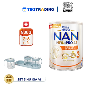 Sữa bột NAN INFINIPRO A2 800g Thụy Sĩ 3 với đạm quý A2 tiêu hóa tốt sau 7 ngày và 6HMO tăng cường đề kháng + Tặng Set 3 hũ nha vị (2 - 6 tuổi)