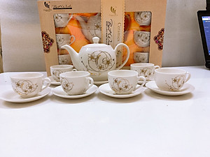 BỘ ẤM CHÉN  PHA TRÀ GỒM 6 CỐC VÀ 7 ĐĨA SỨ TRẮNG HOA SEN ( GIAO NGẪU NHIÊN ) - ANTH250