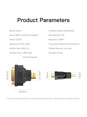 Đầu chuyển đổi HDMI to DVI Vention (và ngược lại) ECCB0 - Hàng Chính Hãng
