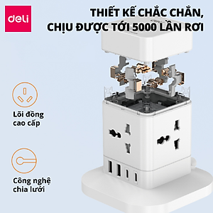 Ổ Cắm Điện Đa Năng DELI Sạc Nhanh TypeC USB PD20W 2-12 Ổ Vuông Dẹt Chịu Tải 2500W, Cầu Chì Tự Ngắt
