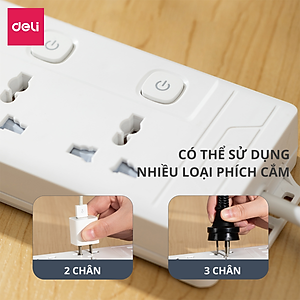 Ổ Cắm Điện Đa Năng Kèm Cổng USB Có Công Tắc Tải 2500W Nắp Chống Giật Chống Cháy Chất Lượng Cao Deli - Dây 2M/3M/5M - ET401 411