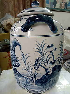 Hũ đựng gạo gốm sứ Bát Tràng vẽ cá chép loại 15L