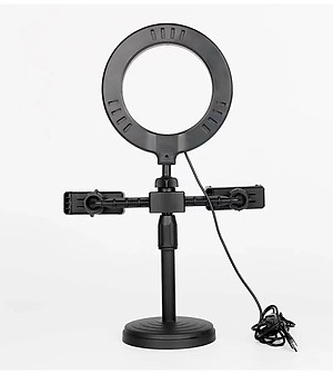 Đèn led livestream mini 16cm để bàn tích hợp 2 giá đỡ điện thoại kiểu chữ T- Hàng chính hãng