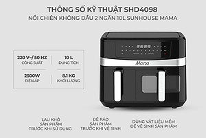[New] Nồi chiên không dầu 2 ngăn 10L Sunhouse Mama SHD4098 - Chế độ riêng - Tiết kiệm thời gian - Công nghệ Rapid Air - Hàng chính hãng