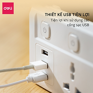 Ổ Cắm Điện Đa Năng Kèm Cổng USB Có Công Tắc Tải 2500W Nắp Chống Giật Chống Cháy Chất Lượng Cao Deli - Dây 2M/3M/5M - ET401 411