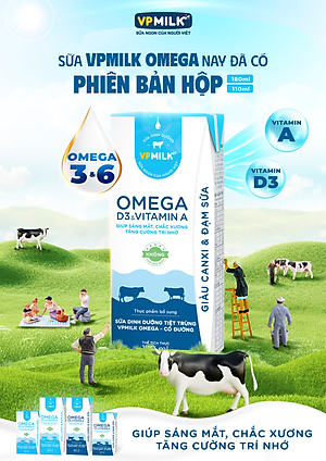 Sữa Dinh Dưỡng Tiệt Trùng VPMilk Omega Ít Đường dạng hộp cho bé trên 1 tuổi 180ml (thùng 48 hộp)