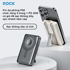 Pin Sạc dự phòng không dây nam châm 5-in-1 ROCK P50 10000mAh 20W tích hợp chân đế giữ điện thoại - Hàng chính hãng bảo hành 12 tháng