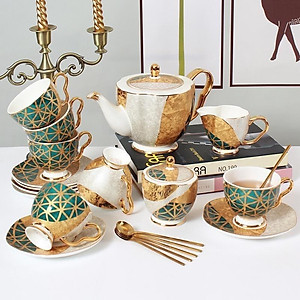 BỘ ẤM CHÉN KÈM KHAY PHA TRÀ SỨ XƯƠNG CAO CẤP KÈM 6 ĐĨA LÓT TÁCH, 6 THÌA VÀ 2 TỐNG ĐƯỜNG SỮA HỌ TIẾT RẠN VÀNG