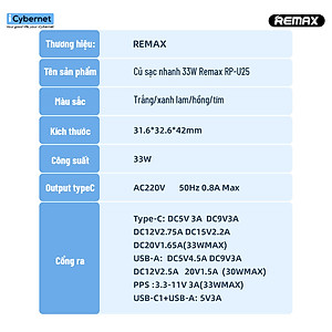 Củ sạc nhanh GaN công suất 33W Remax RP-U25 chuẩn kép PD + QC 3.0 - Hàng chính hãng