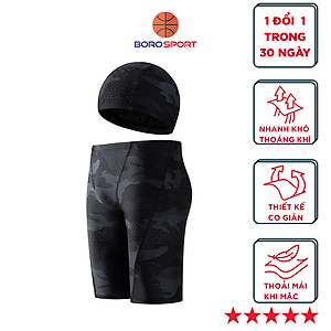 Quần bơi lửng boxer dài cho nam Cleacco màu đen Camo , chất vải  Poly co giãn 4 chiều , thoáng khí , thoát nước nhanh BORO SPORT - Tặng nón bơi vải