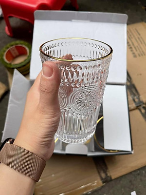 BỘ 6 CỐC THỦY TINH CHỊU NHIỆT CAO CẤP  UỐNG NƯỚC HOA VĂN TRỐNG ĐỒNG DẬP NỔI - ANTH674