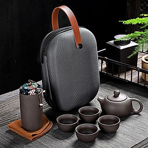 Bộ Bình Trà Tử Sa Mini Có Túi Đựng Đi Du Lịch Tiện Lợi Thích Hợp 2 - 4 Người Dùng Gồm 1 Ấm Trà, 4 Tách, 1 Bình Đựng Trà - Hàng chính hãng 