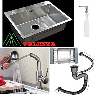 Combo chậu rửa bát 1 hố inox sus304 Valenza 6045, vòi rửa bát dây rút 02, xả chậu, rổ, bình xà phòng