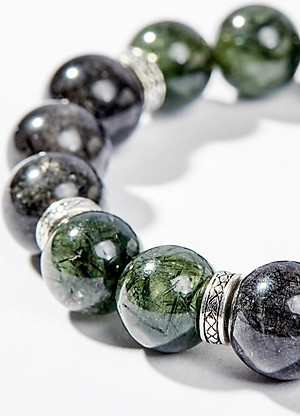 Vòng Tay Phong Thủy Nam Đá Thạch Anh Tóc Xanh Phối Thạch Anh Tóc Đen Charm Tỳ Hưu Bạc (12mm) Mệnh Mộc, Hỏa, Thủy Ngọc Quý Gemstones