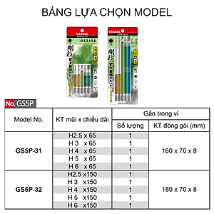 Bộ 05 cái mũi vặn vít đầu lục giác GS5P chuôi lục giác H = 6,35mm Vessel (Nhật Bản)