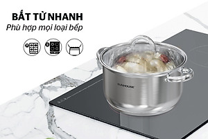 Bộ nồi inox 3 đáy Sunhouse SHG361, Chất liệu inox sáng bóng an toàn cho sức khỏe, Vung kính cường lực siêu bền, Tay cầm và núm vung bọc silicon chịu nhiệt, chống bỏng, an toàn, Sử dụng trên mọi loại bếp - Hàng chính hãng