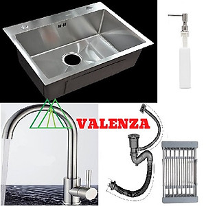 Combo chậu rửa chén bát inox 1 hố 6045, vòi rửa bát inox nóng lạnh cổ ngỗng, bình xà phòng, rá inox, bộ xiphong ống xả chậu
