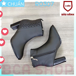 Giày bốt nữ cổ ngắn cao gót 7 phân RO307 ROSATA dây kéo nằm má trong, thêu hoạ tiết tinh tế má ngoài - màu đen