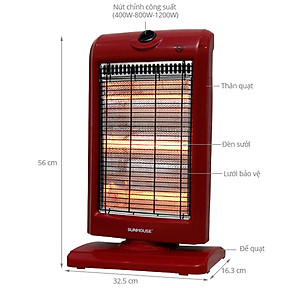 Sưởi Điện 3 Bóng Halogen Sunhouse Shd7016 (1000W) - Đỏ Đen - Hàng Chính Hãng