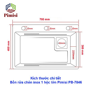 Chậu Rửa Bát Inox 1 Hố To Pimisi PB-7846 Luxury Làm Từ Thép Không Gỉ Inox Cao Cấp Kiểu Ngăn Lớn 1 Hộc, Kèm 1 Khay Bồn Rửa Chén Nhỏ Đơn Phụ Gác Chậu -  Tháo Rời Với Đầy Đủ Phụ Kiện Xi Phông, Gắn Được Cả Bán Âm - Dương Bàn Đá Bếp | Hàng Chính Hãng