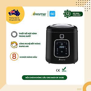 Nồi chiên không dầu Dreamer DF-S40B nắp kính trong suốt Smart View 8 chức năng 4 lít - Hàng Chính Hãng