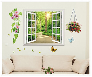 Decal dán tường Cửa sổ con đường xanh (58 x 103 cm)