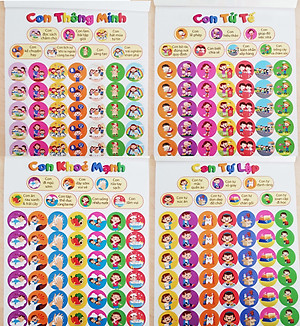 Sổ tay STICKER gồm 8 tờ với 4 chủ đề Con Thông Minh, Con Tự Lập, Con Khỏe Mạnh, Con Tử Tế - minh họa hoạt hình cho ba mẹ dạy bé