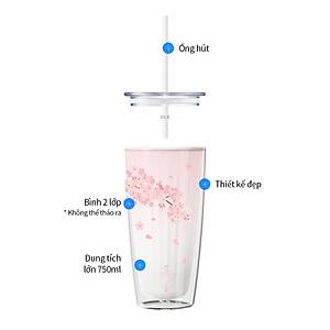 Ly nhựa 2 lớp Cherry Blossom Double wall Cold Cup LocknLock HAP522 - Kèm ống hút - Dung tích 750ml