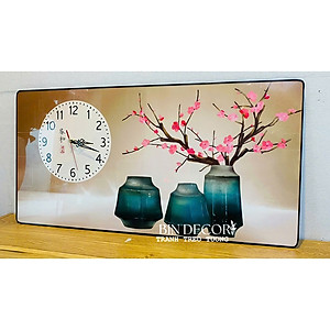 (ẢNH THẬT) Tranh đồng hồ tráng gương bình hoa đào hồng uv mặt mica sáng bóng kèm đinh