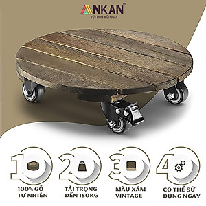 Đế Lót Chậu Cây Có Bánh Xe Cao Cấp ANKAN Hình Tròn Màu Xám Đen R30Cm Tải trọng 150 Kg Gỗ Tràm Bông