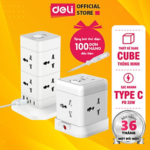 Ổ cắm điện đa năng Deli Công Suất 2500W - Tích Hợp Ổ USB & Type C Thiết Kế Cầu Chì Tự Ngắt Khi Quá Tải, Nắp Chống Giật