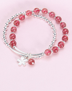 Vòng tay 2 line đá thạch anh dâu phối charm hoa bạc mệnh hỏa, thổ - Ngọc Quý Gemstones