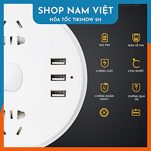 Ổ Cắm Điện Tròn 3 Cổng USB Chống Giật, Có Đèn Ban Đêm, Kèm Đế Điện Thoại, Chịu Tải 2500W